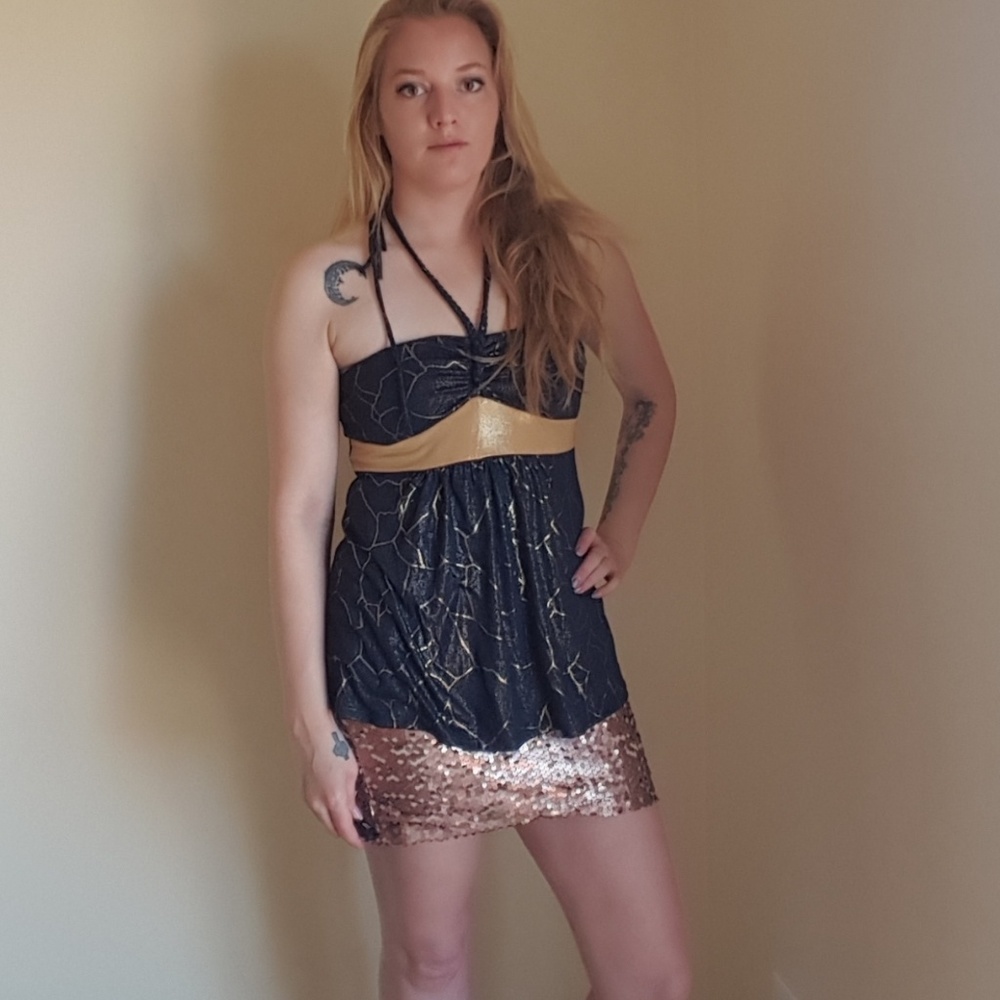 Blue and gold braided halter top